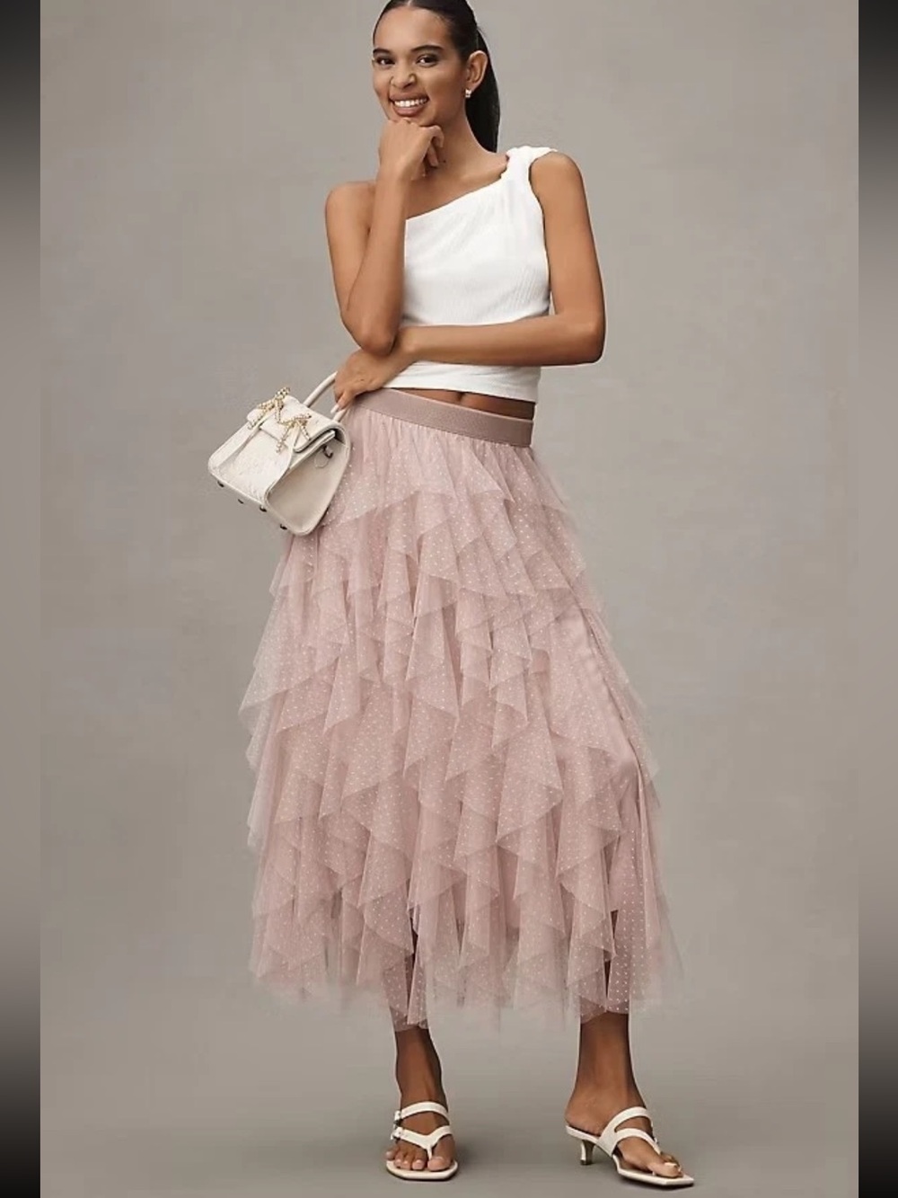 Anthropologie Cheri Tulle Layered Tiered Polka Dot Midi Skirt in Dusty Pink, 2X - Picture 16 of 16